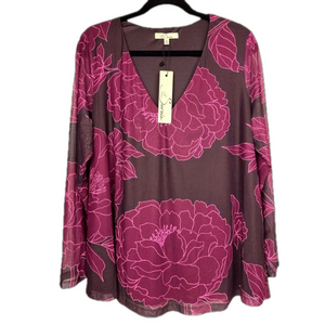 LES SEREIN women’s size 1X black fuchsia floral layered long sleeve top NWT